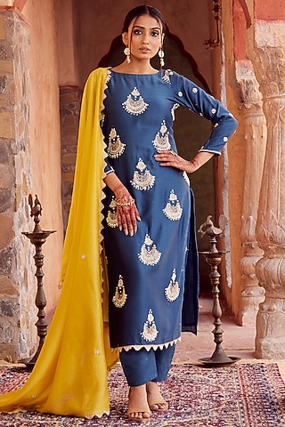 Blue Dhaka Silk Embroidered Kurta Set by VAGA FASHIONS