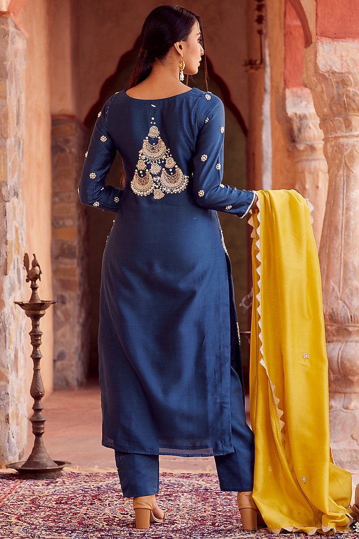 Blue Dhaka Silk Embroidered Kurta Set by VAGA FASHIONS at Pernia's Pop Up Shop