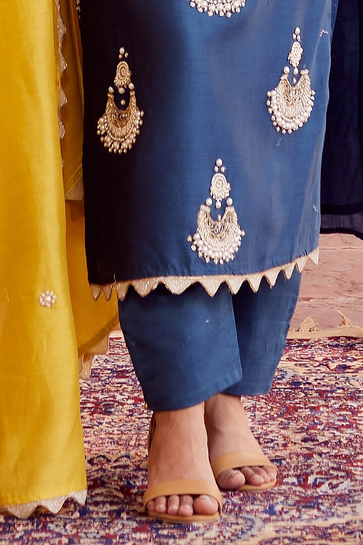 Blue Dhaka Silk Embroidered Kurta Set by VAGA FASHIONS at Pernia's Pop Up Shop