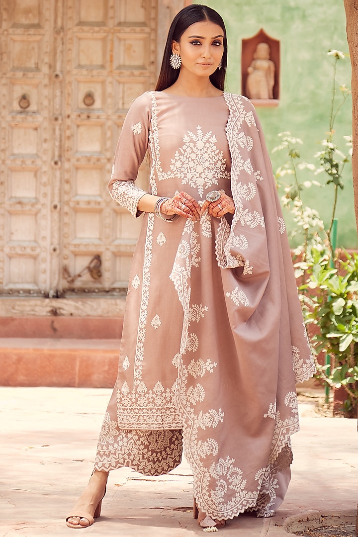 Light Beige Dhaka Silk Embroidered Kurta Set by VAGA FASHIONS at Pernia's Pop Up Shop
