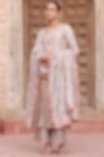 Light Beige Dhaka Silk Embroidered Kurta Set by VAGA FASHIONS at Pernia's Pop Up Shop