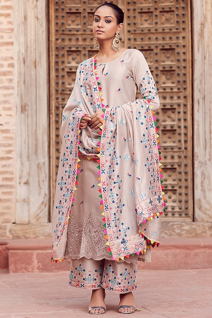 Light Beige Dhaka Silk Embroidered Kurta Set by VAGA FASHIONS at Pernia's Pop Up Shop