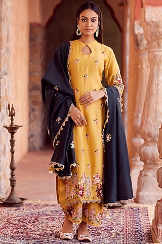 Mustard Dhaka Silk Embroidered Kurta Set by VAGA FASHIONS