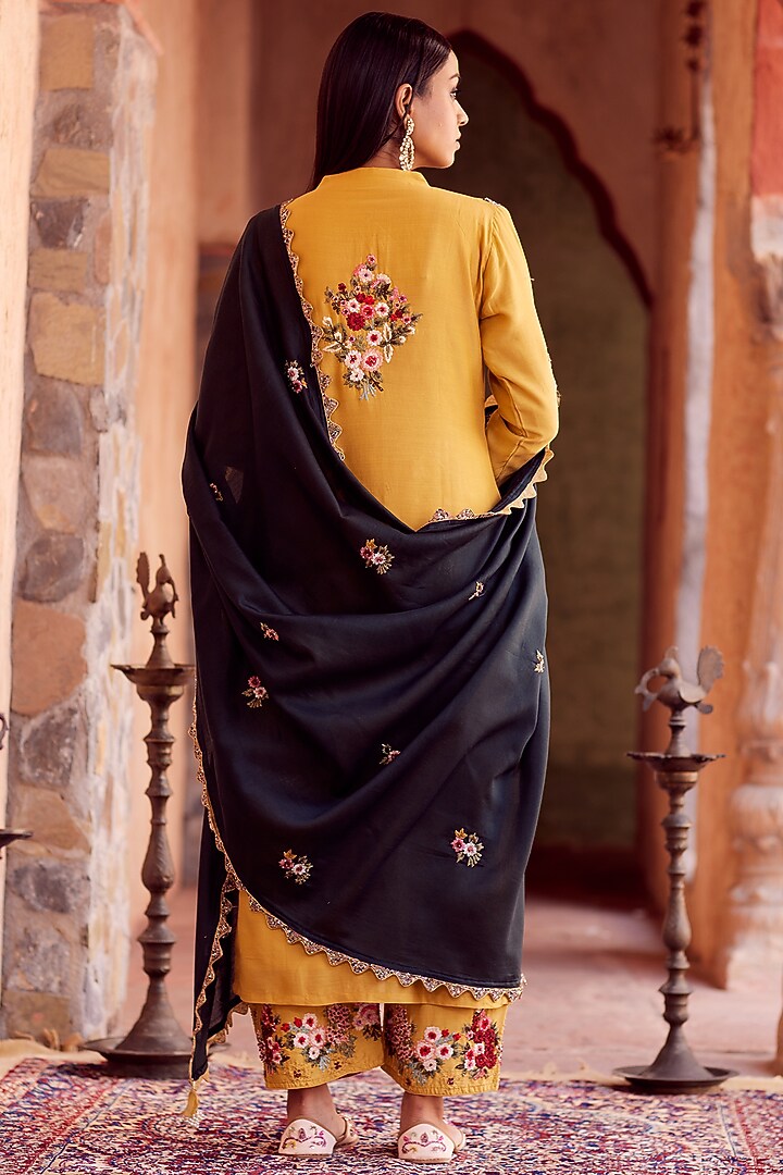 Mustard Dhaka Silk Embroidered Kurta Set by VAGA FASHIONS at Pernia's Pop Up Shop