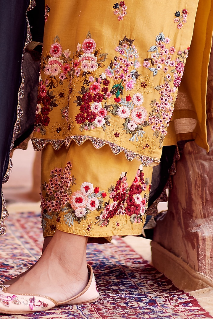 Mustard Dhaka Silk Embroidered Kurta Set by VAGA FASHIONS at Pernia's Pop Up Shop