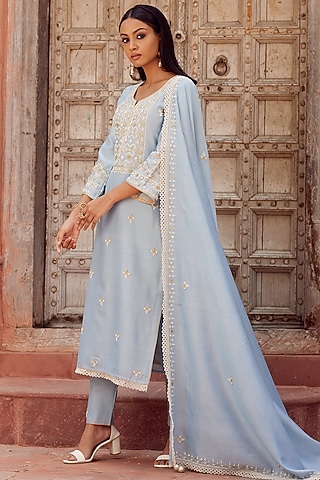Aqua Blue Dhaka Silk Embroidered Kurta Set by VAGA FASHIONS