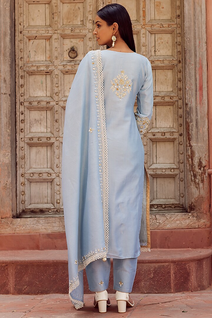 Aqua Blue Dhaka Silk Embroidered Kurta Set by VAGA FASHIONS at Pernia's Pop Up Shop