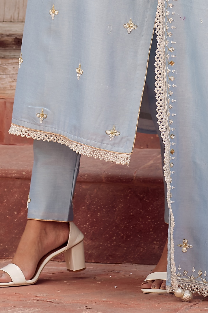 Aqua Blue Dhaka Silk Embroidered Kurta Set by VAGA FASHIONS at Pernia's Pop Up Shop