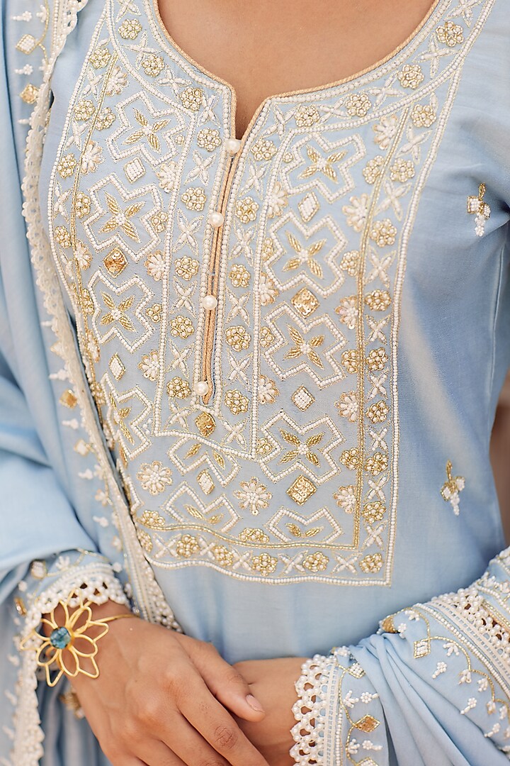 Aqua Blue Dhaka Silk Embroidered Kurta Set by VAGA FASHIONS at Pernia's Pop Up Shop