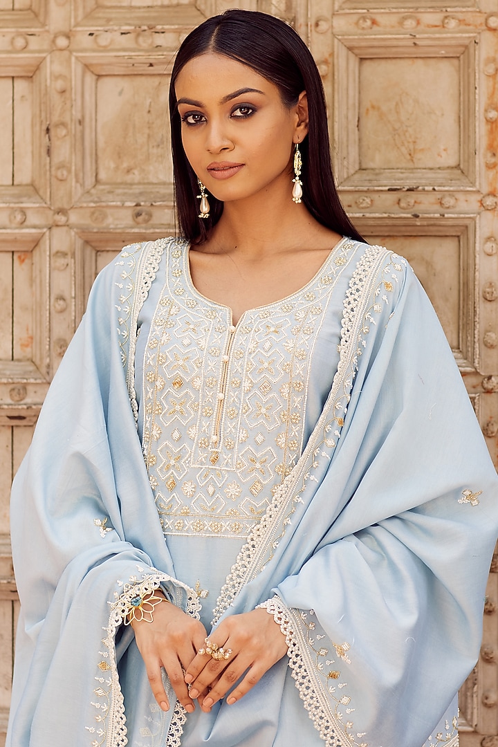 Aqua Blue Dhaka Silk Embroidered Kurta Set by VAGA FASHIONS at Pernia's Pop Up Shop