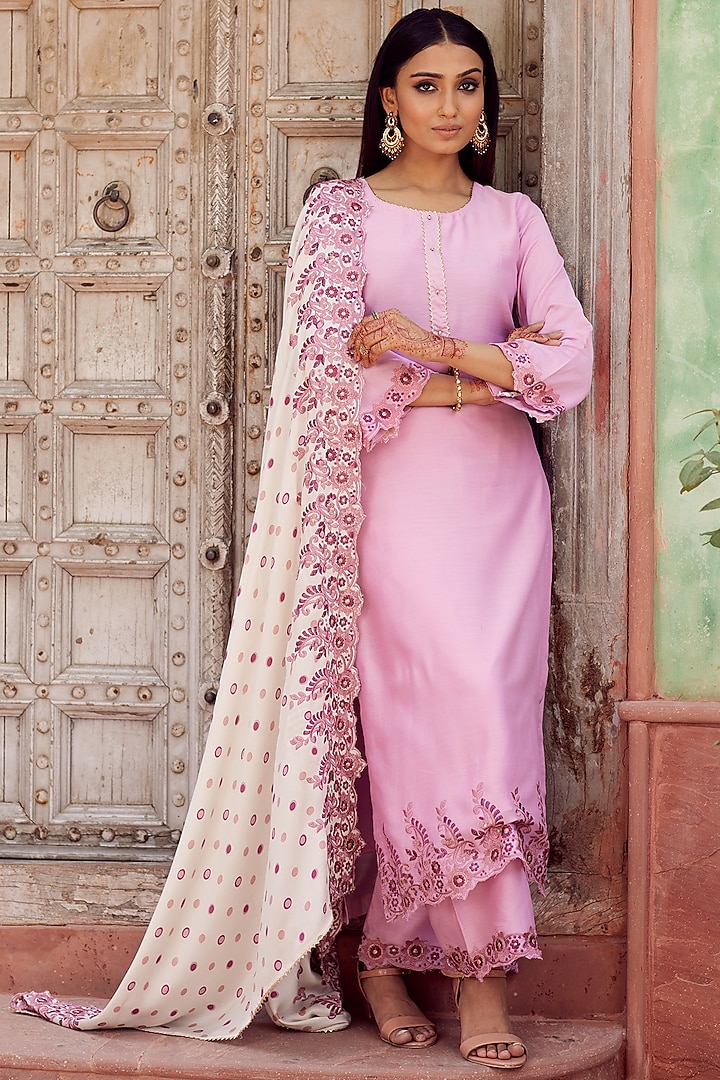 Pink Dhaka Silk Embroidered Kurta Set by VAGA FASHIONS at Pernia's Pop Up Shop