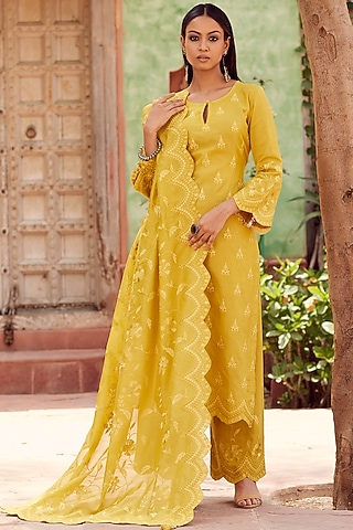 Mustard Dhaka Silk Embroidered Kurta Set by VAGA FASHIONS