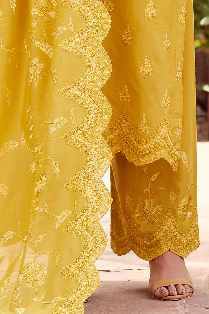 Mustard Dhaka Silk Embroidered Kurta Set by VAGA FASHIONS at Pernia's Pop Up Shop