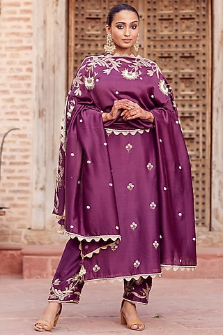 Wine Dhaka Silk Embroidered Kurta Set by VAGA FASHIONS