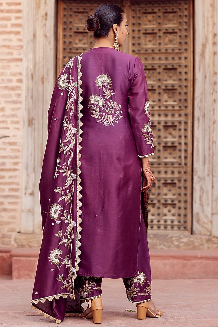 Wine Dhaka Silk Embroidered Kurta Set by VAGA FASHIONS at Pernia's Pop Up Shop