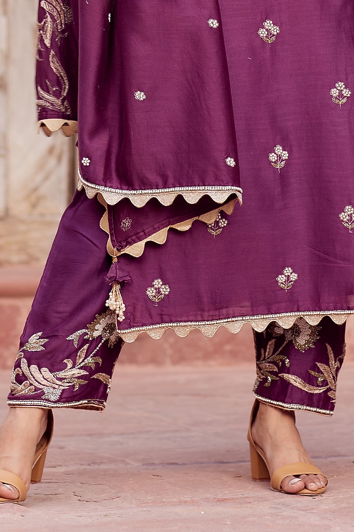 Wine Dhaka Silk Embroidered Kurta Set by VAGA FASHIONS at Pernia's Pop Up Shop