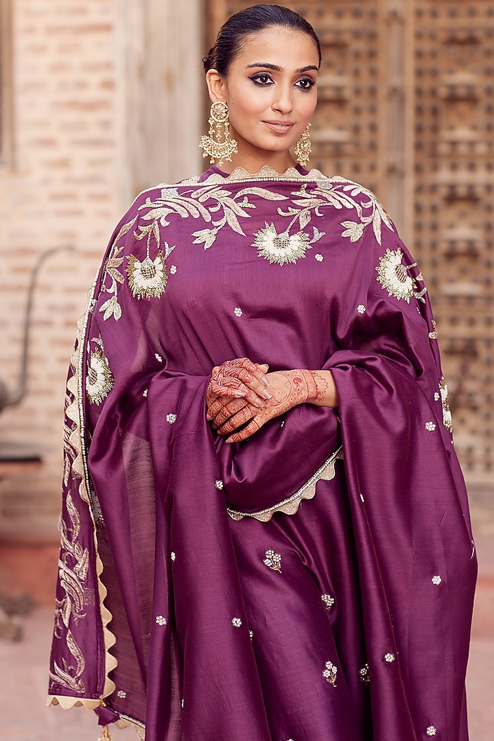 Wine Dhaka Silk Embroidered Kurta Set by VAGA FASHIONS at Pernia's Pop Up Shop
