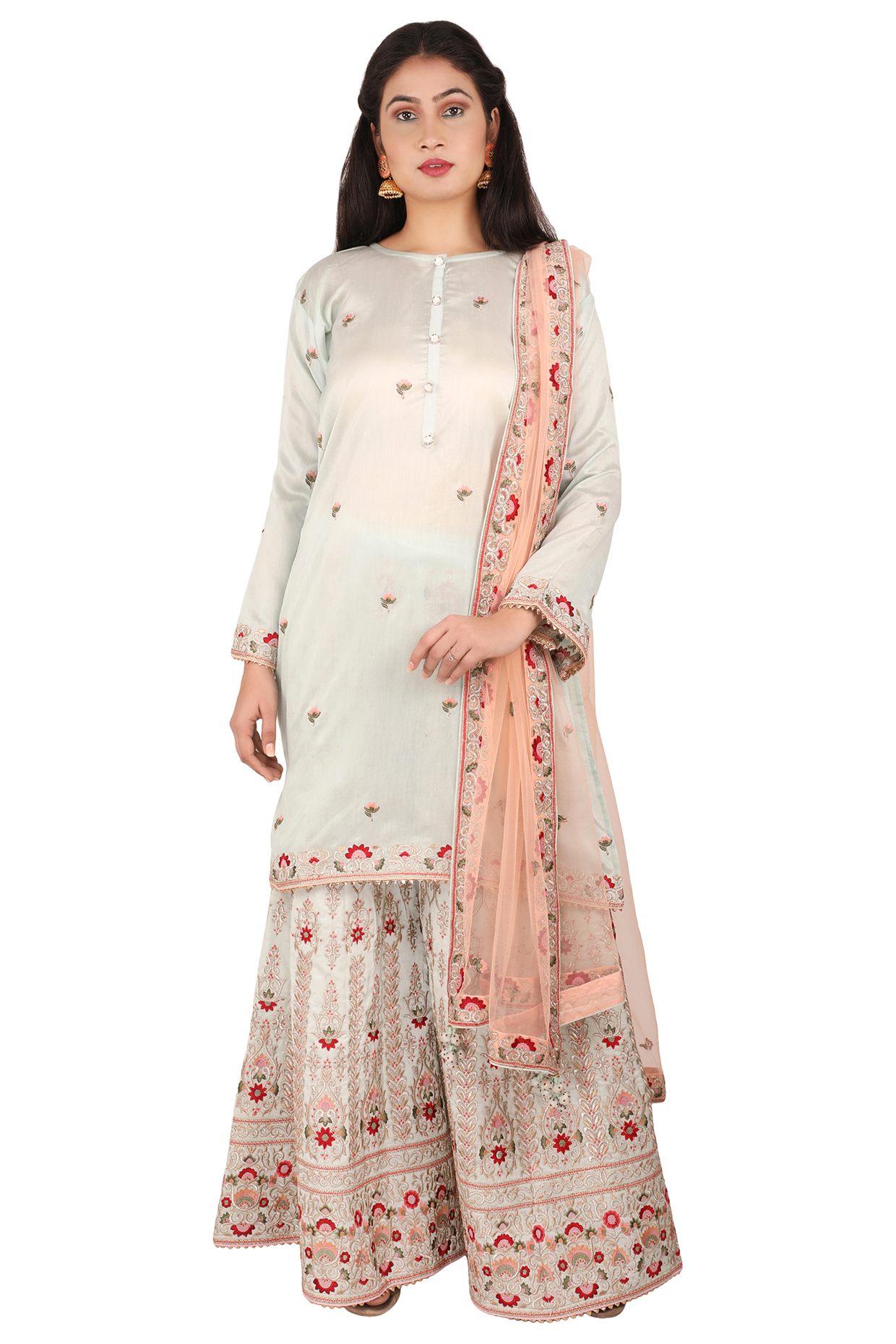 Light Aqua Dhaka Silk Sharara Set by VAGA FASHIONS