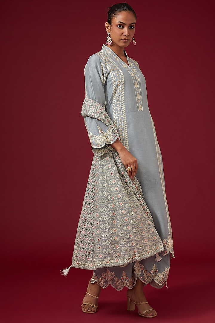 Grey Dhaka Silk Embroidered Kurta Set by VAGA FASHIONS at Pernia's Pop Up Shop