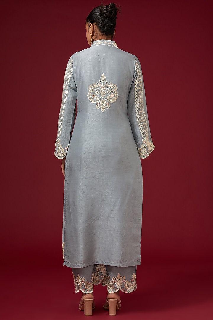 Grey Dhaka Silk Embroidered Kurta Set by VAGA FASHIONS at Pernia's Pop Up Shop