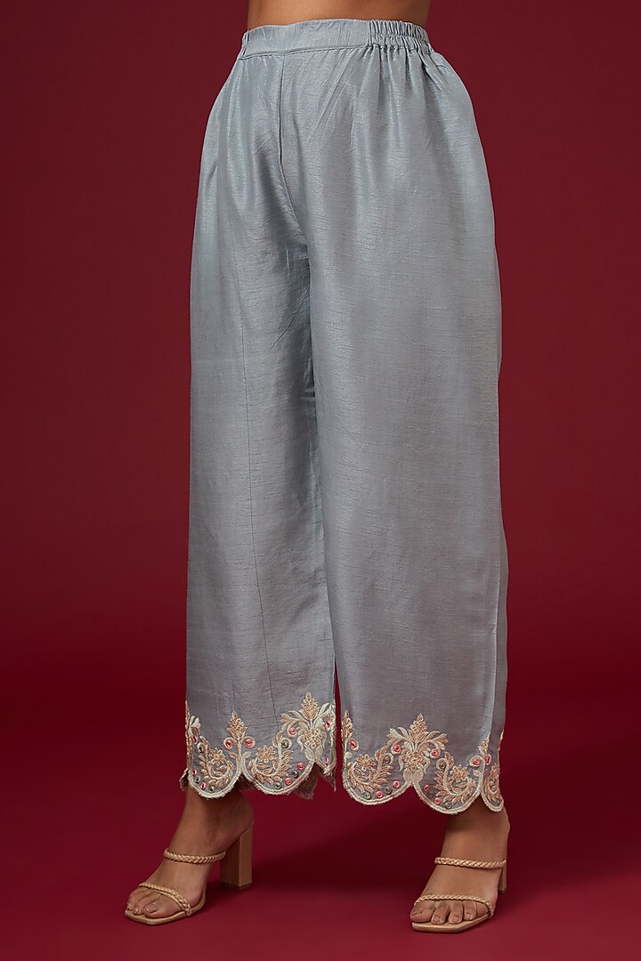 Grey Dhaka Silk Embroidered Kurta Set by VAGA FASHIONS at Pernia's Pop Up Shop