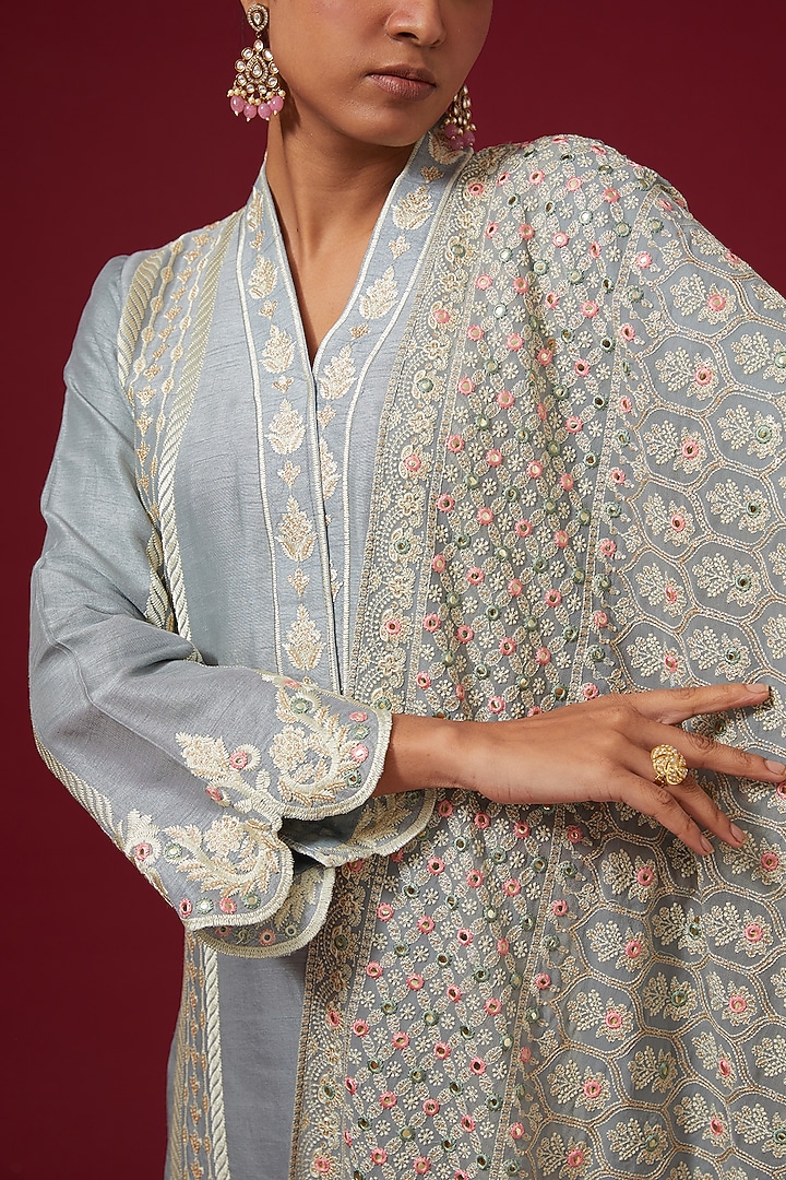 Grey Dhaka Silk Embroidered Kurta Set by VAGA FASHIONS at Pernia's Pop Up Shop