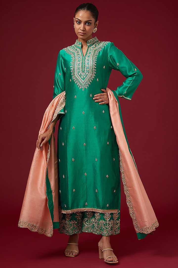 Light Green Dhaka Silk Embroidered Kurta Set by VAGA FASHIONS at Pernia's Pop Up Shop