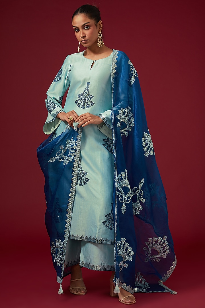 Light Blue Dhaka Silk Embroidered Kurta Set by VAGA FASHIONS