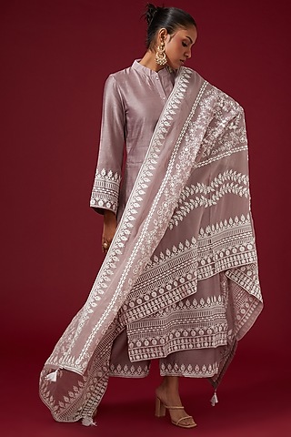 Grey Dhaka Silk Embroidered Kurta Set by VAGA FASHIONS