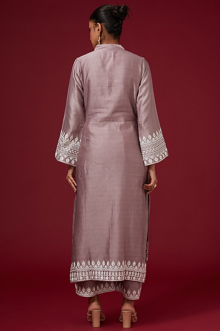 Grey Dhaka Silk Embroidered Kurta Set by VAGA FASHIONS at Pernia's Pop Up Shop