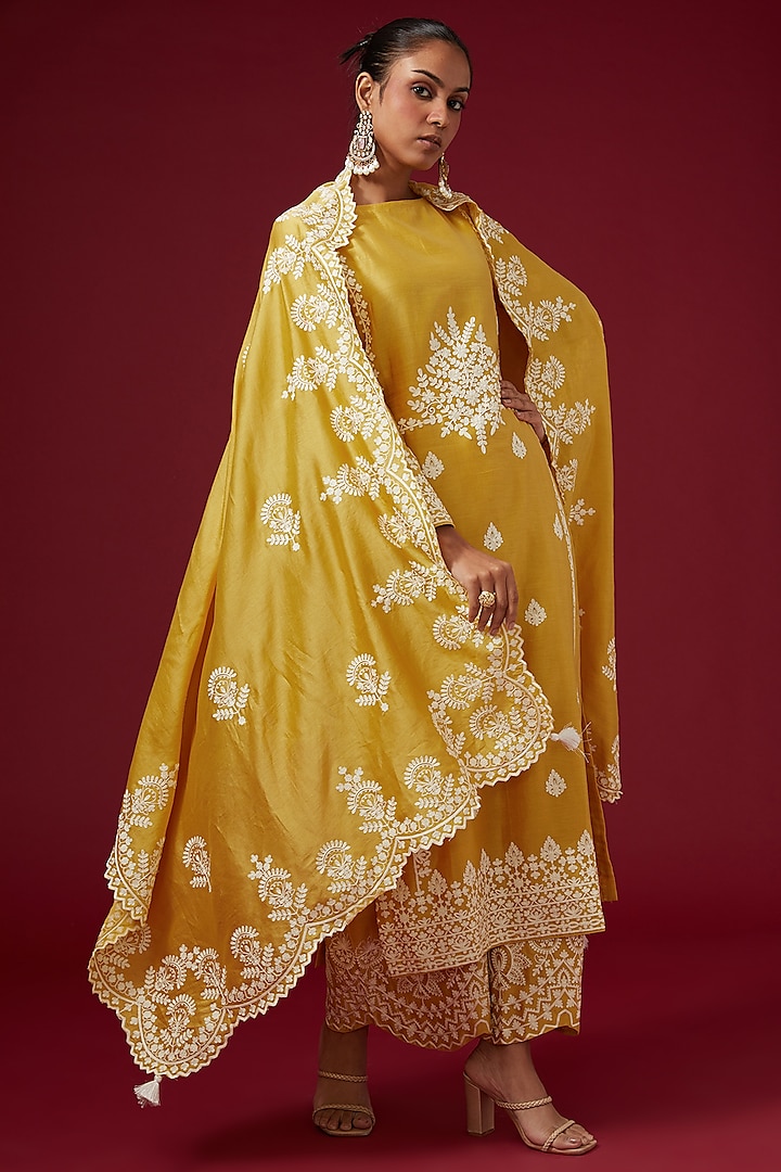 Yellow Dhaka Silk Embroidered Kurta Set by VAGA FASHIONS
