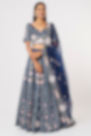 Cobalt Blue Embroidered Lehenga Set by Vaibhav & Mitali