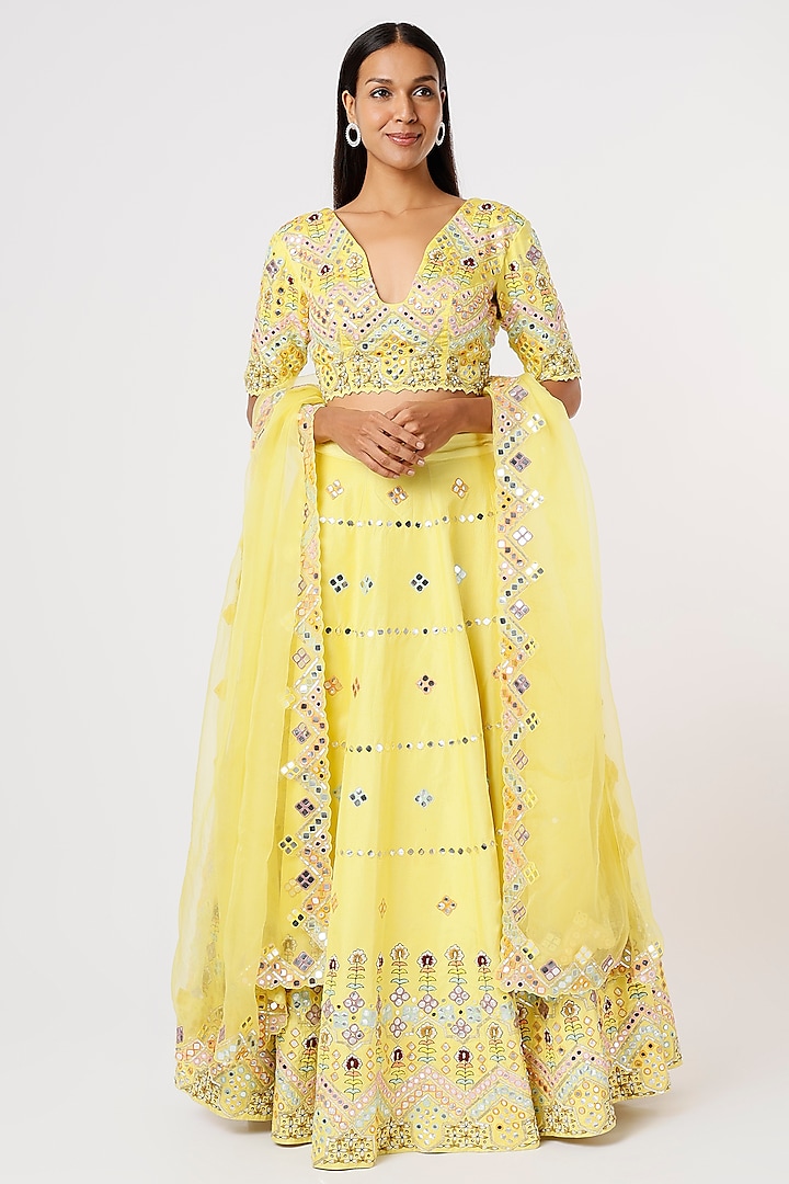 Butter Yellow Embroidered Lehenga Set by Vaibhav & Mitali