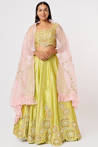 Mint Green Embroidered Lehenga Set by Vaibhav & Mitali