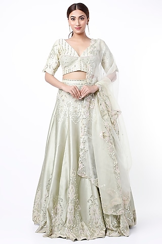 Mint Green Kora Silk Lehenga Set by Vaibhav & Mitali