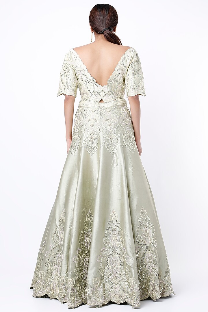 Mint Green Kora Silk Wedding Lehenga Set by Vaibhav & Mitali at Pernia's Pop Up Shop