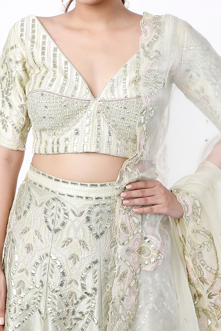 Mint Green Kora Silk Wedding Lehenga Set by Vaibhav & Mitali at Pernia's Pop Up Shop