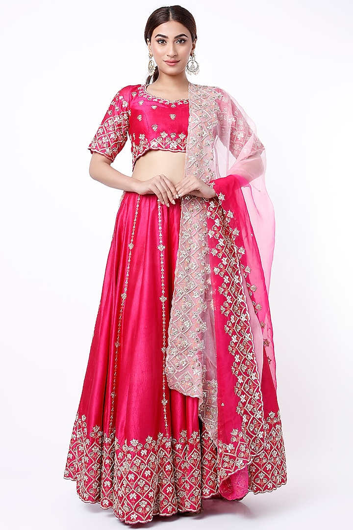 Fuchsia Kora Silk Lehenga Set by Vaibhav & Mitali