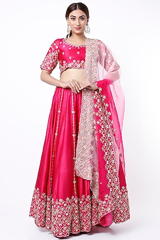 Fuchsia Kora Silk Lehenga Set by Vaibhav & Mitali