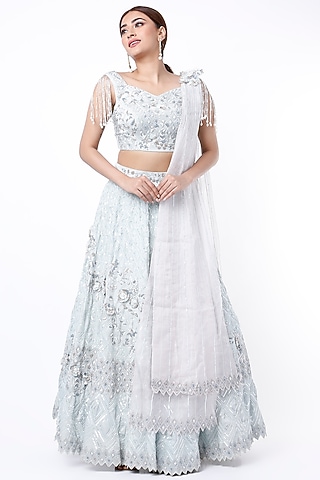 Sky Blue Satin & Organza Lehenga Set by Vaibhav & Mitali