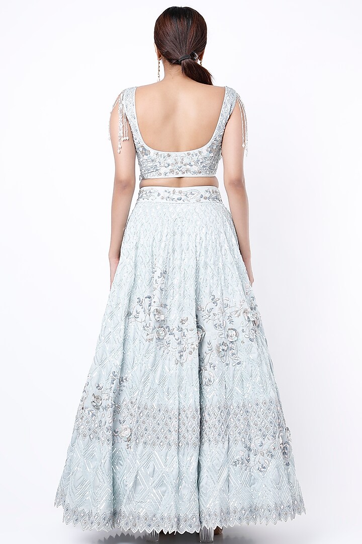 Sky Blue Satin & Organza Bridal Lehenga Set by Vaibhav & Mitali at Pernia's Pop Up Shop