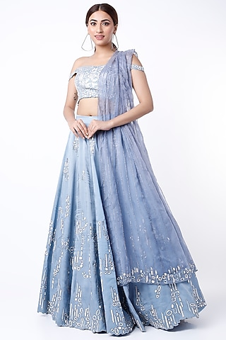 Powder Blue Satin & Organza Lehenga Set by Vaibhav & Mitali