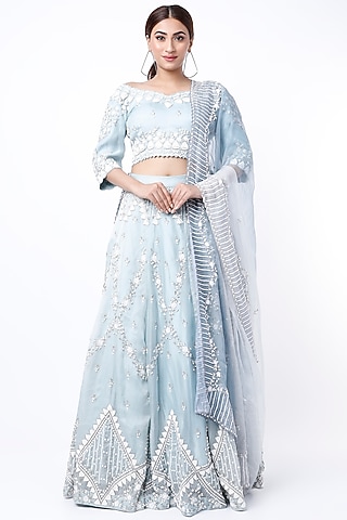 Sky Blue Organza Lehenga Set by Vaibhav & Mitali