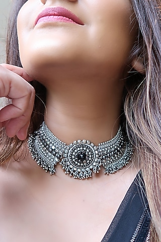 Two-Tone Finish Metal Bead Choker Necklace by Vaidaan Jewellery