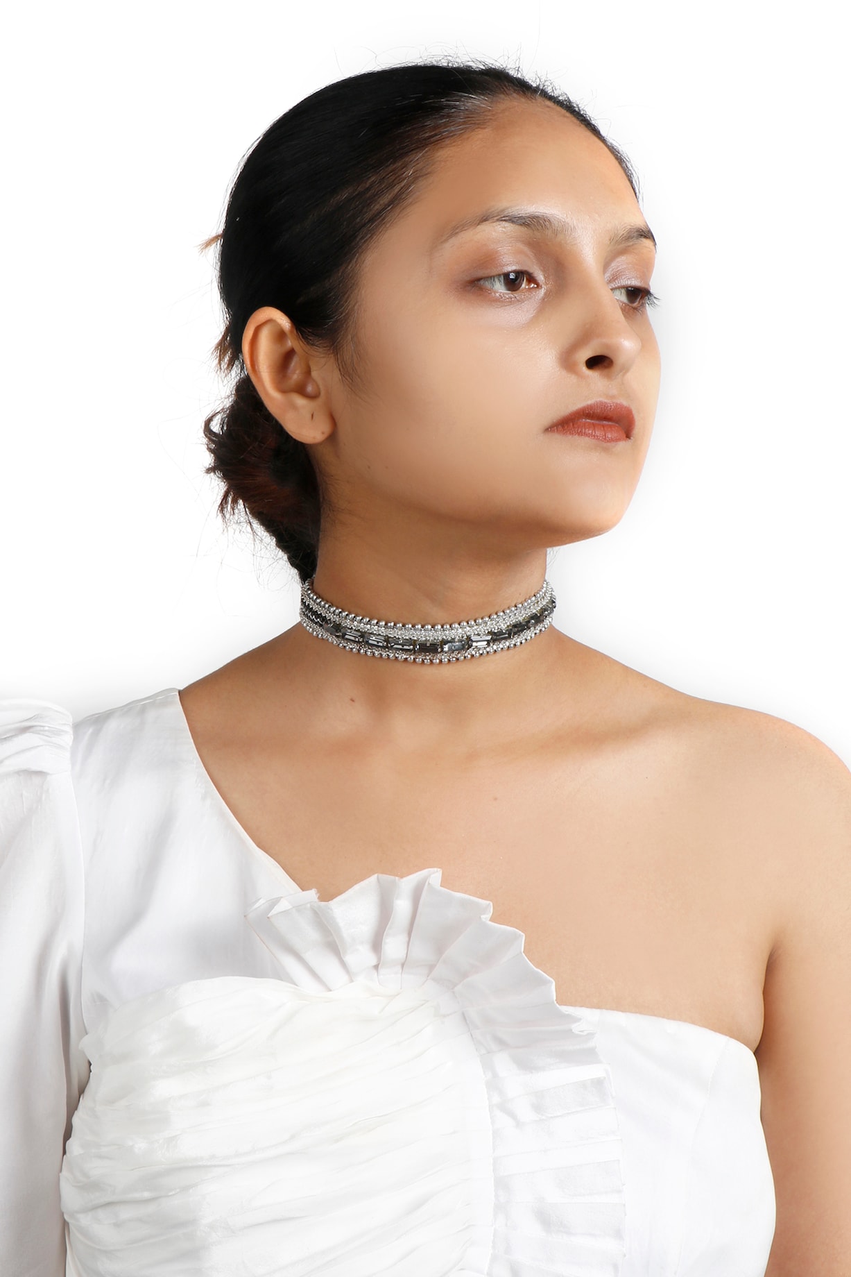 Two-Tone Finish Metal Bead Grey Stone Choker Necklace by Vaidaan