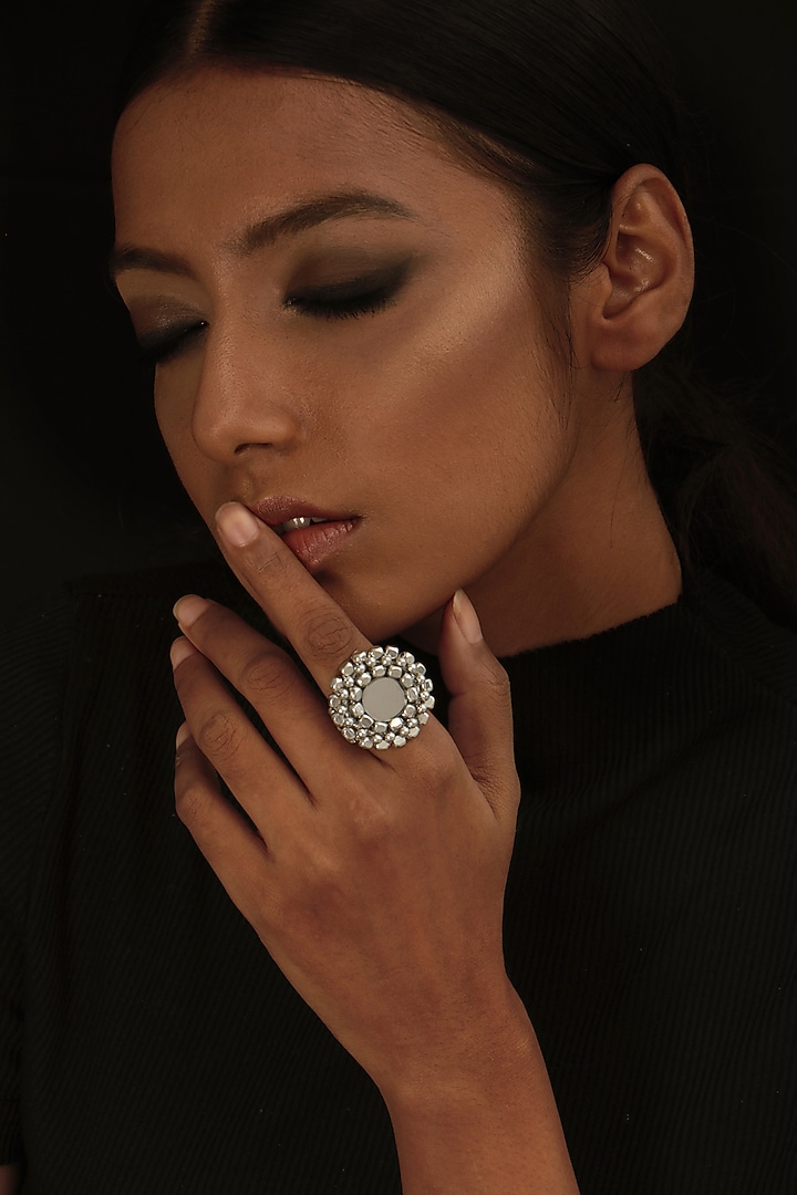 Two-Tone Finish Mirror & Silver Beaded Ring by Vaidaan Jewellery at Pernia's Pop Up Shop