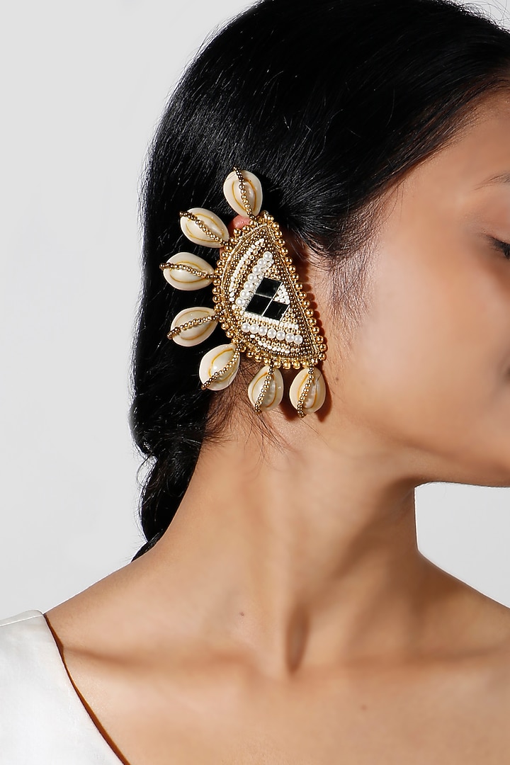 Gold Plated Shell Pearl Earcuffs by Vaidaan Jewellery at Pernia's Pop Up Shop