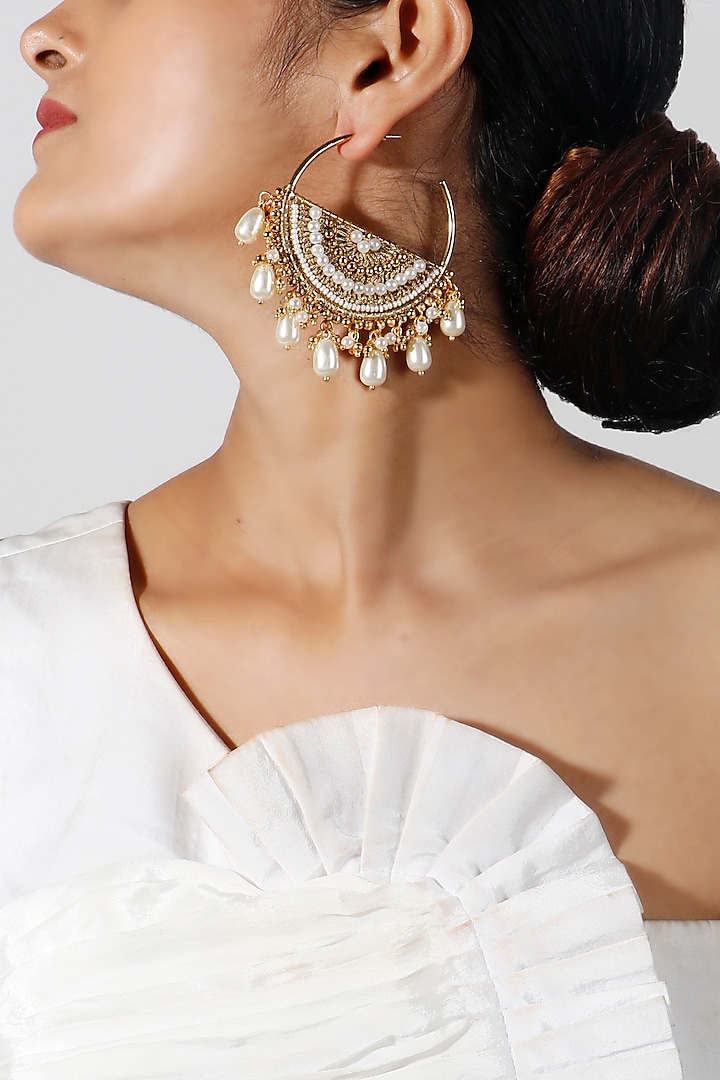 Gold Plated Pearl Hoop Earrings by Vaidaan Jewellery at Pernia's Pop Up Shop