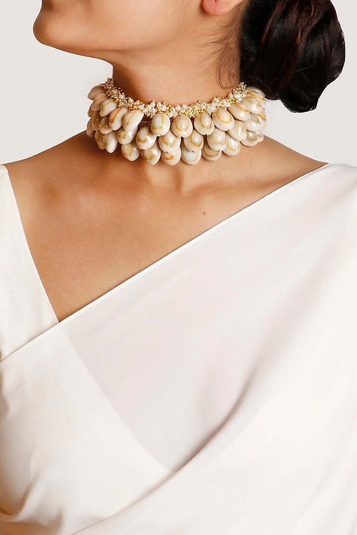 Gold Plated Shell & Pearl Choker Necklace by Vaidaan Jewellery