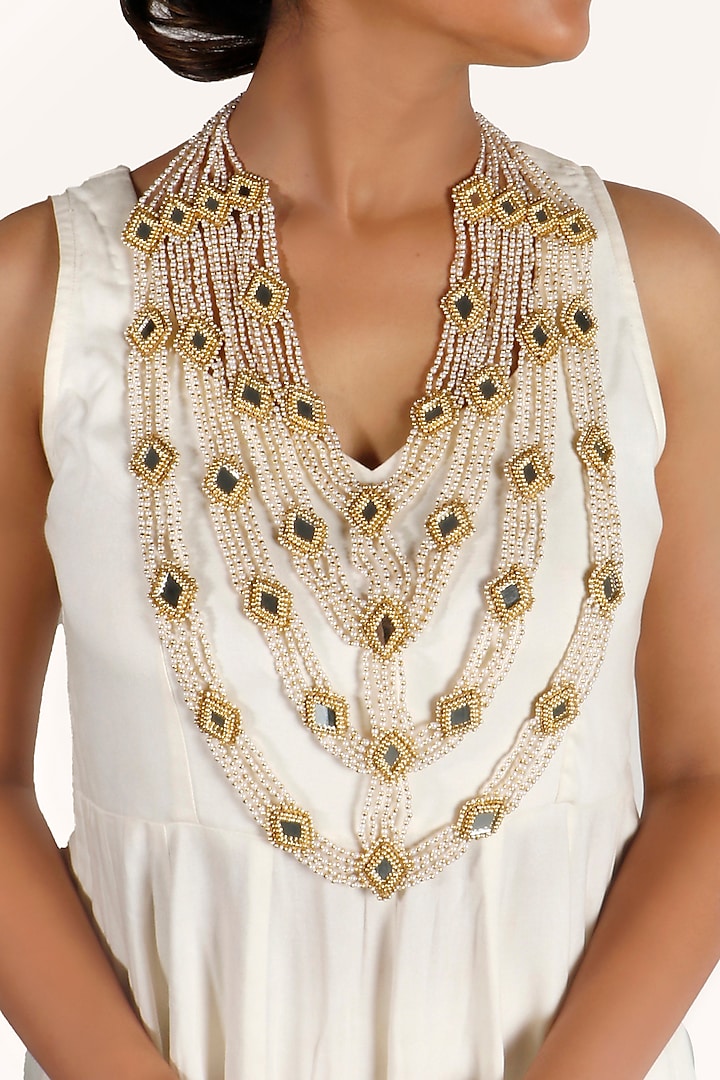 Gold Plated Shells & Mirror Layered Necklace by Vaidaan Jewellery at Pernia's Pop Up Shop